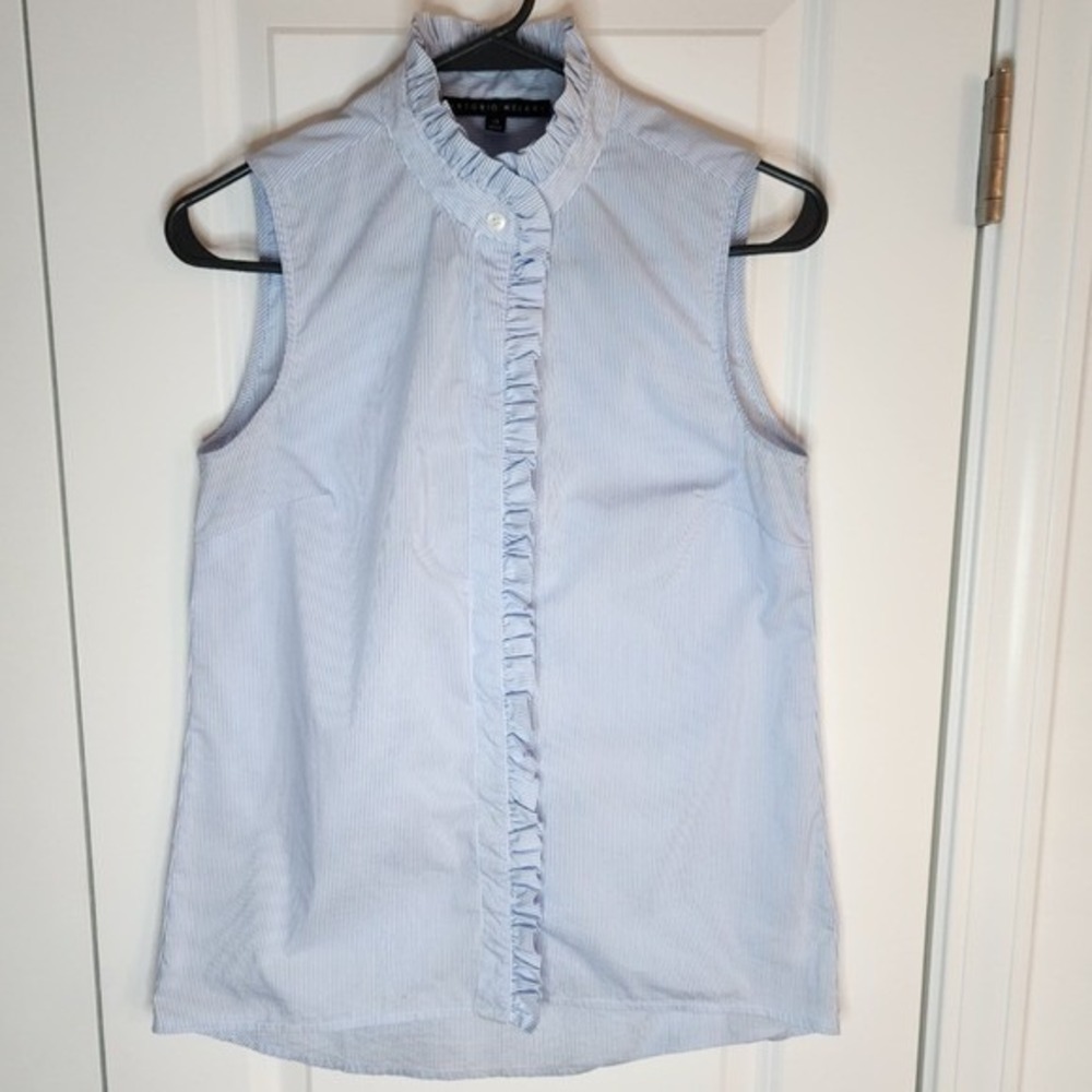 ANTONIO MELANI Light Blue Pinstripe Ruffle Sleeveless Blouse